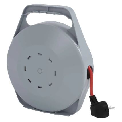 Carrete con cable de extensión de 10 m, 4 tomas, gris/rojo