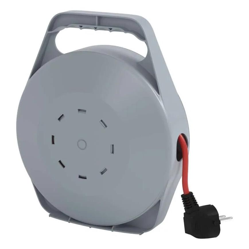 Carrete con cable de extensión de 10 m, 4 tomas, gris/rojo