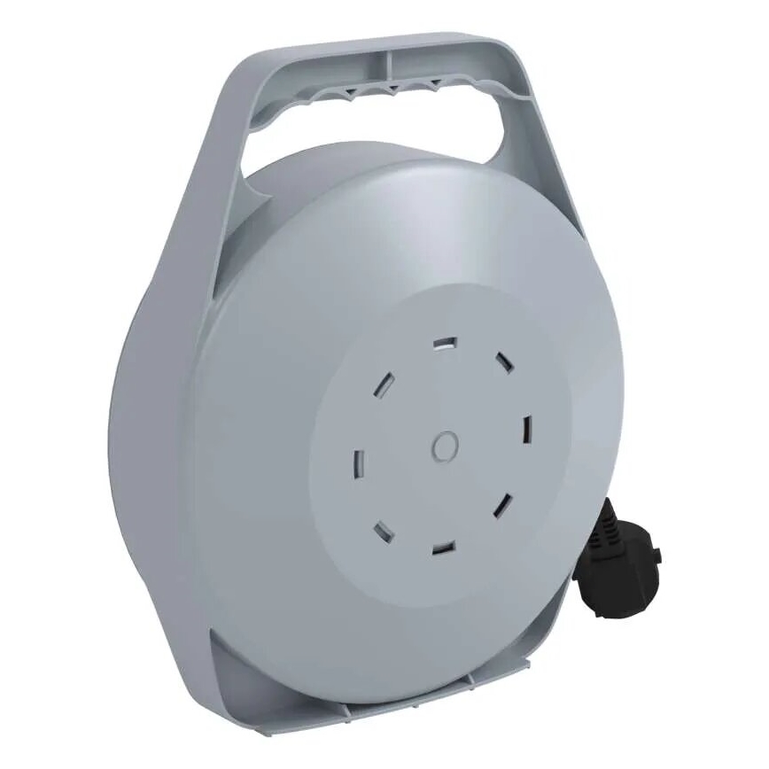 Carrete con cable de extensión de 10 m, 4 tomas, gris/rojo