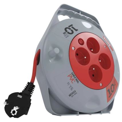 Carrete con cable de extensión de 10 m, 4 tomas, gris/rojo