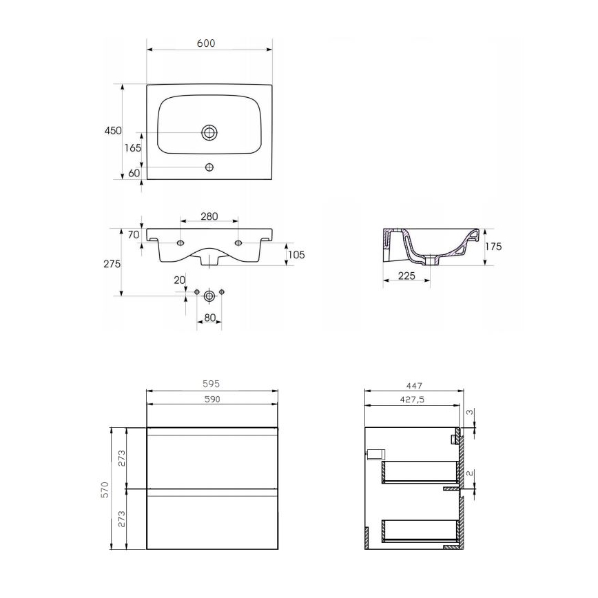 Cersanit S801-223-DSM - Mueble de baño suspendido con lavabo integrado MODUO 60x45 cm, acabado blanco brillante