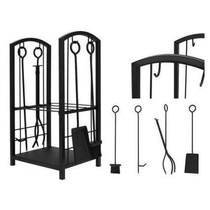 Cesta para leña con herramientas para chimenea 30x40x73 cm negro