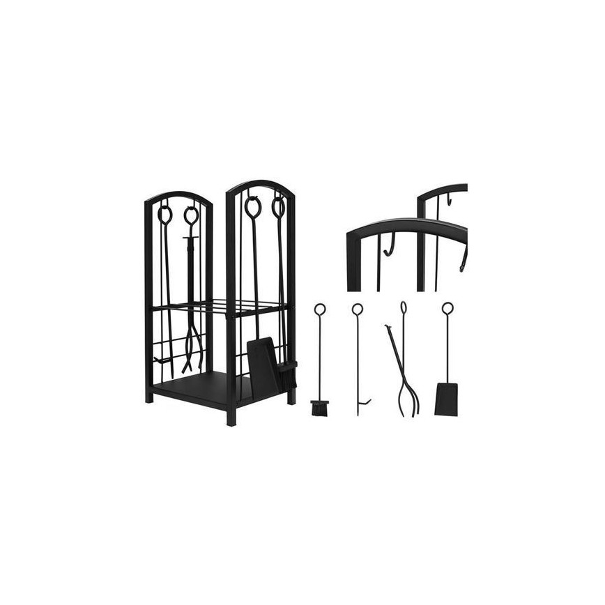 Cesta para leña con herramientas para chimenea 30x40x73 cm negro