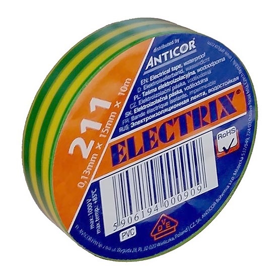 Cinta aislante ELECTRIX 15mm x 10 m verde amarillo