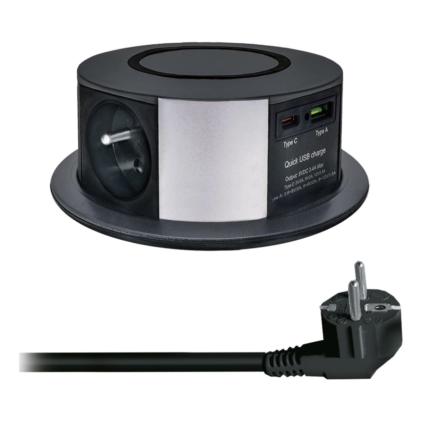 Columna de enchufes para mesa con carga inalámbrica Qi 3x230V + 1xUSB-A + 1xUSB-C negro/plata