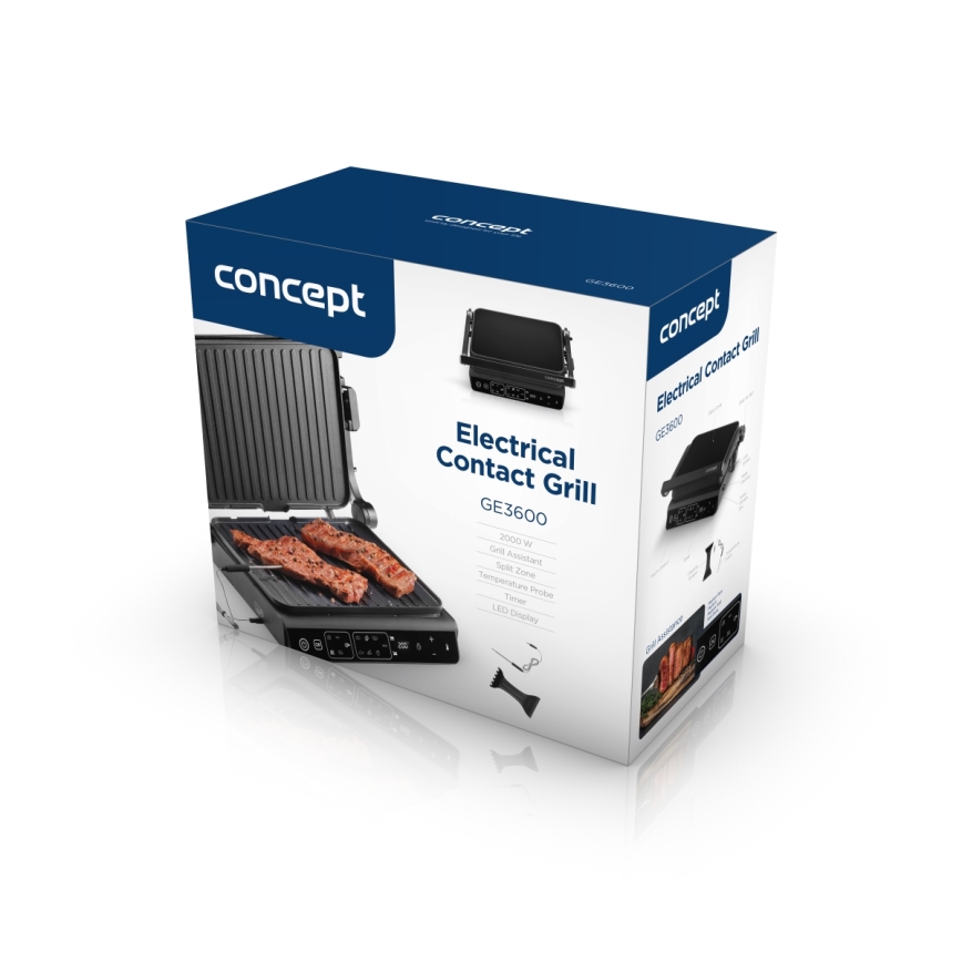 Concept ge3600 - Parrilla de contacto con sonda de temperatura GLASS 2000W/230V negro