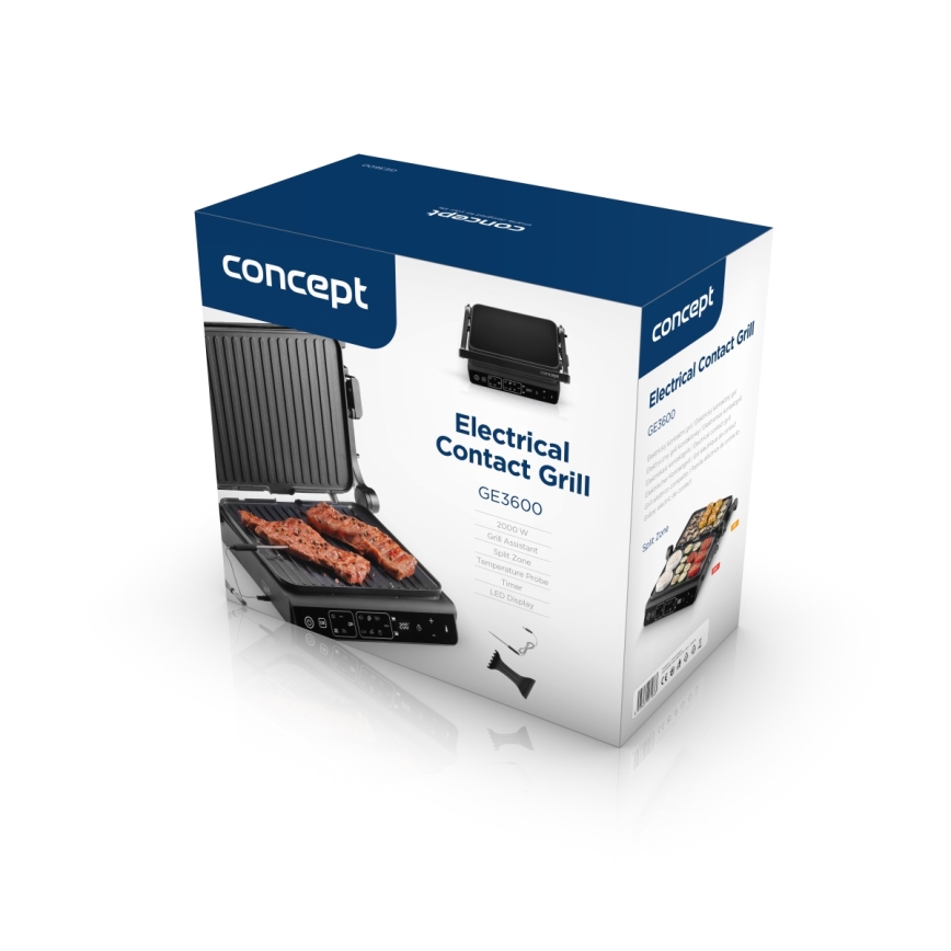 Concept ge3600 - Parrilla de contacto con sonda de temperatura GLASS 2000W/230V negro