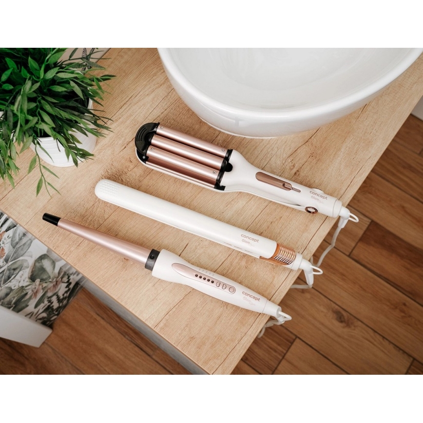 Concept KT2140 - Rizador triple para el cabello GLAM STYLE 100W/230V blanco/rosa dorado