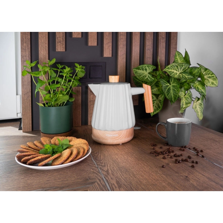 Concept RK0091 - Hervidor eléctrico rápido 1,5 l 1500W/230V gris claro/acabado en madera/cerámica