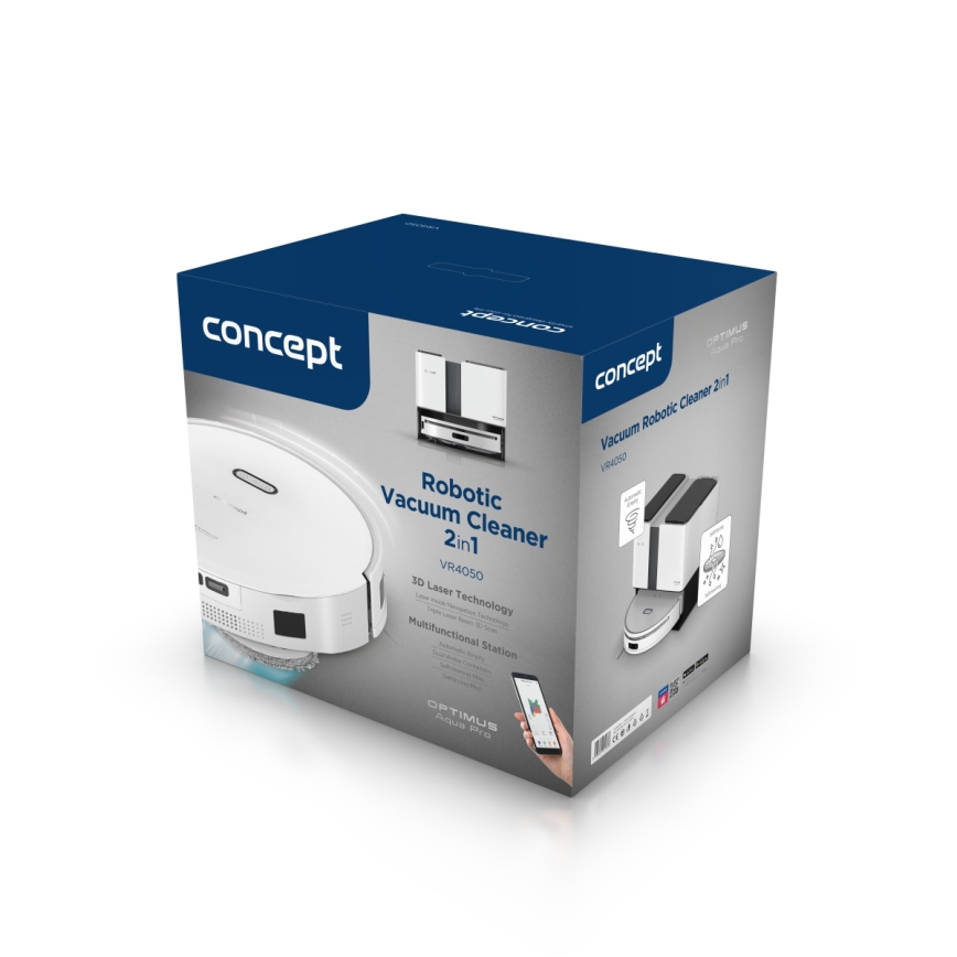 Concept VR4050 - Robot aspirador inteligente 2 en 1 con mopa OPTIMUS AQUA PRO LÁSER 3D, 600W/230V, 5200 mAh, Wi-Fi, blanco
