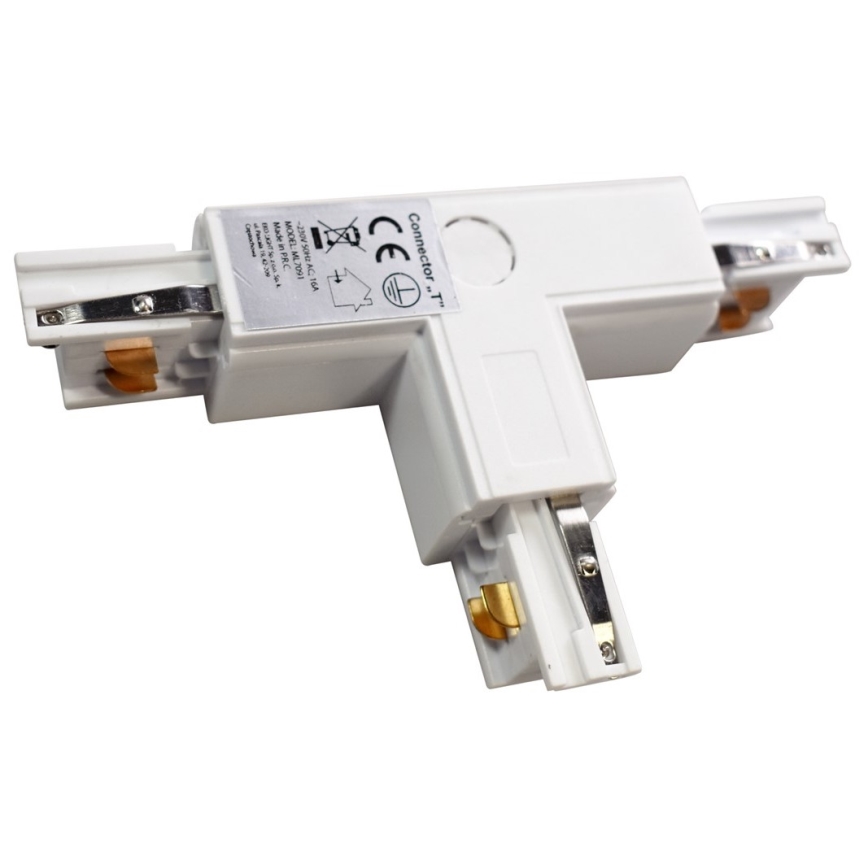 Conector trifásico para lámparas en el sistema de rieles TRACK blanco tipo T