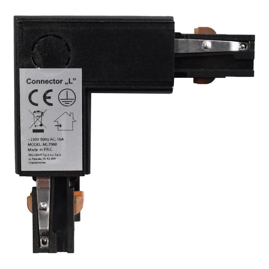 Conector trifásico para lámparas en el sistema de rieles TRACK negro tipo L