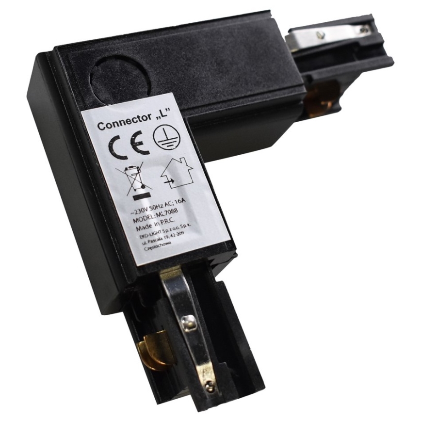 Conector trifásico para lámparas en el sistema de rieles TRACK negro tipo L