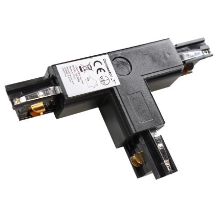 Conector trifásico para lámparas en el sistema de rieles TRACK negro tipo T