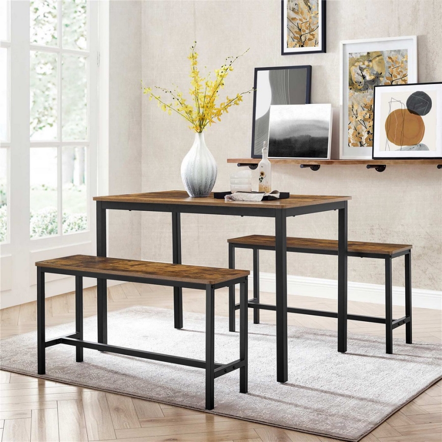 Conjunto de mesa de bar con 2 bancos TREVOR marrón/negro