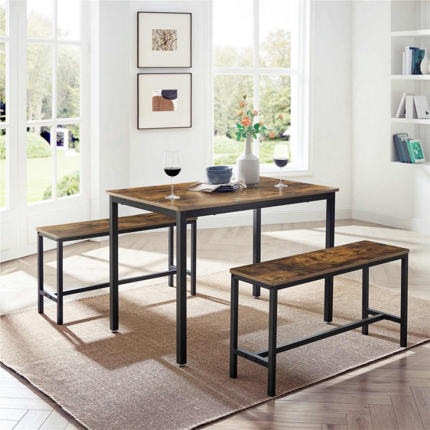 Conjunto de mesa de bar con 2 bancos TREVOR marrón/negro
