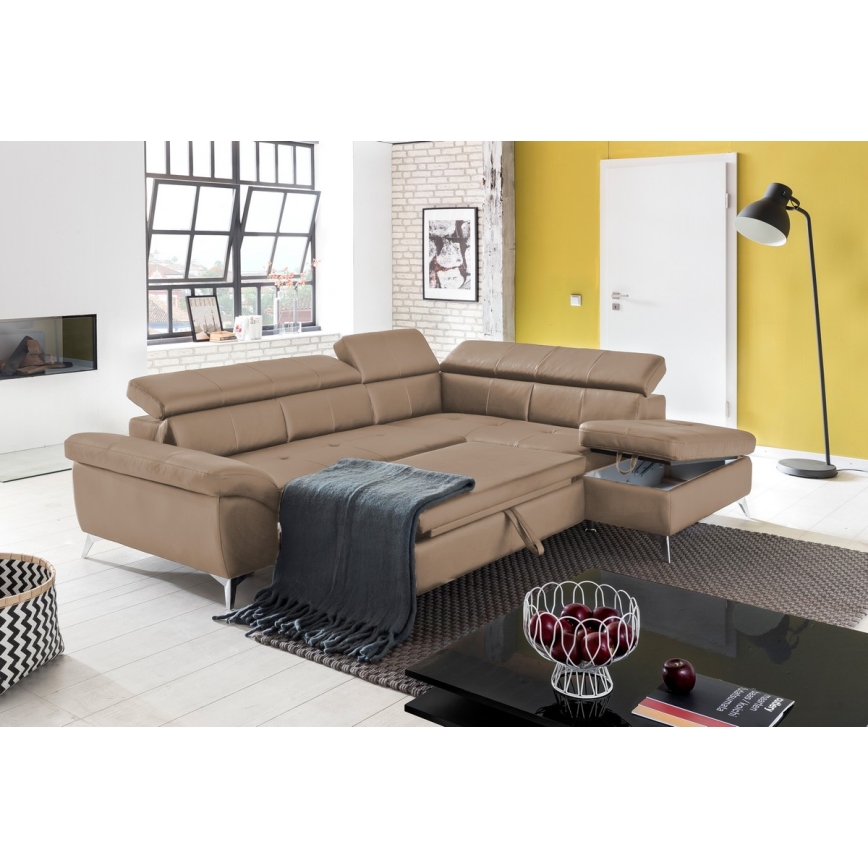 Conjunto de salón esquinero de cuero plegable en forma de L SALERNO II derecho marrón