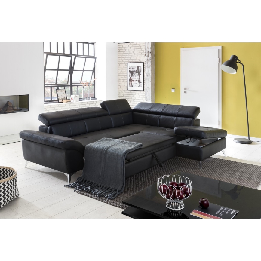 Conjunto de salón esquinero de cuero plegable en forma de L SALERNO II derecho negro