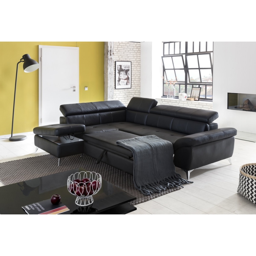 Conjunto de salón esquinero de cuero plegable en forma de L SALERNO II izquierdo negro