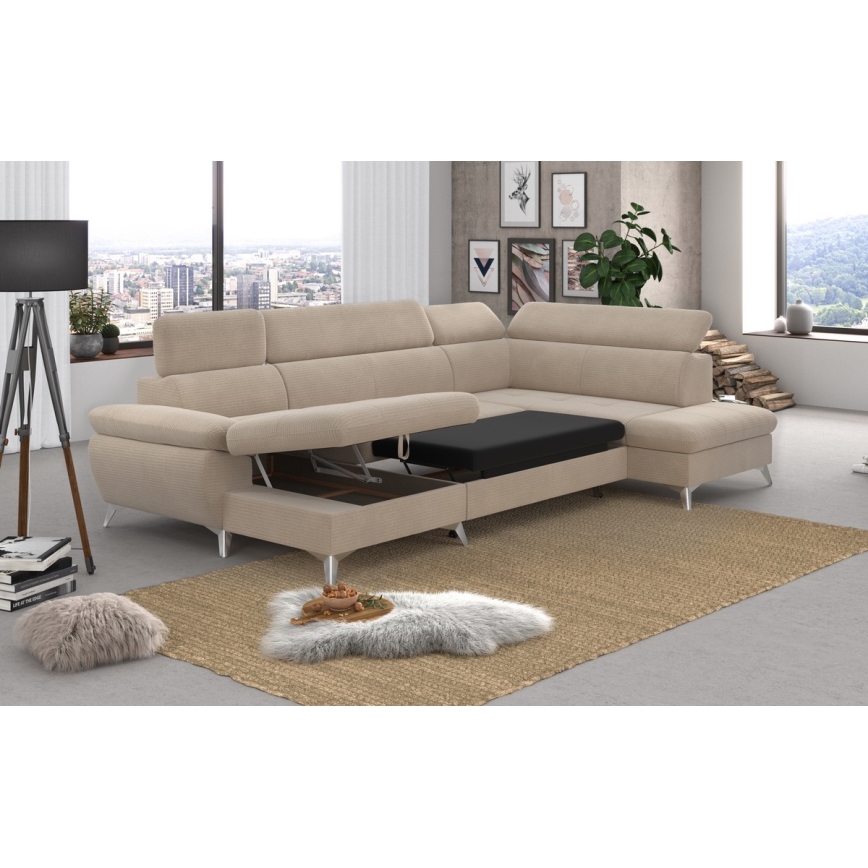 Conjunto de salón esquinero plegable en forma de U con espacio de almacenamiento CATANIA derecho beige