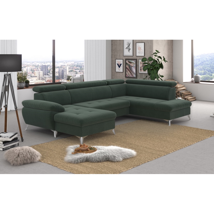 Conjunto de salón esquinero plegable en forma de U con espacio de almacenamiento CATANIA derecho verde