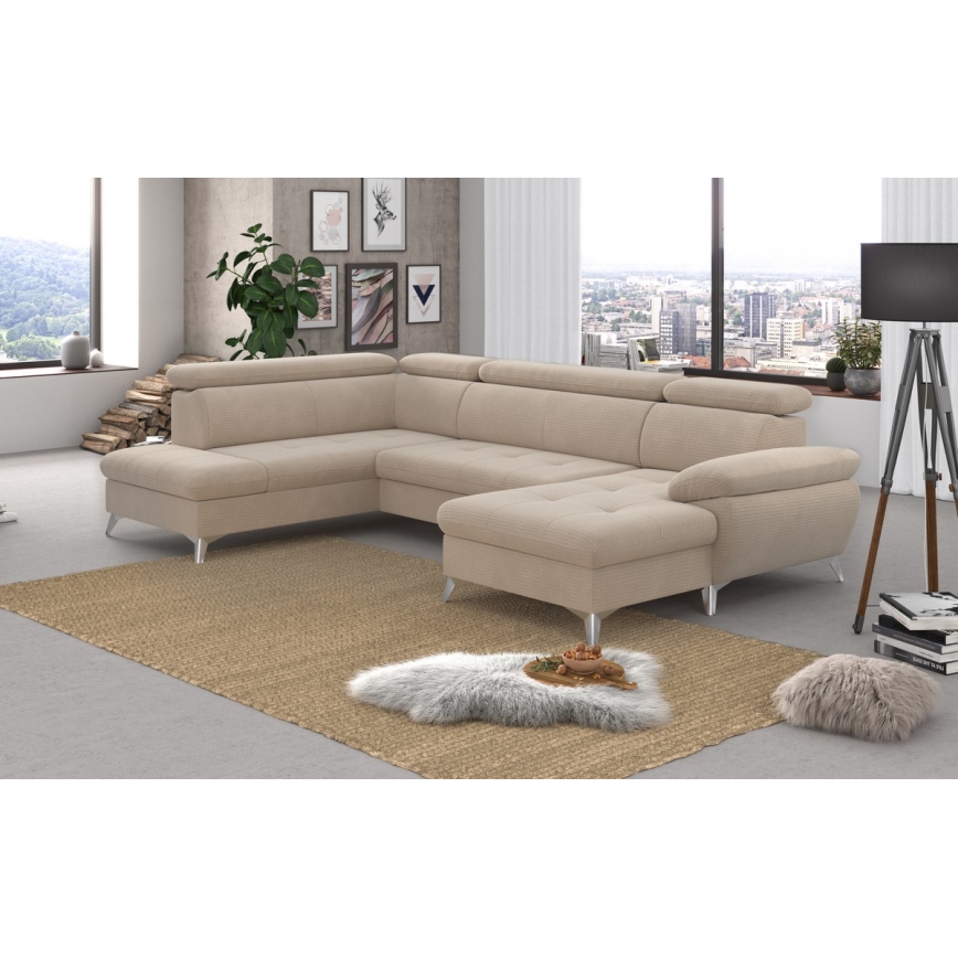 Conjunto de salón esquinero plegable en forma de U con espacio de almacenamiento CATANIA izquierda beige