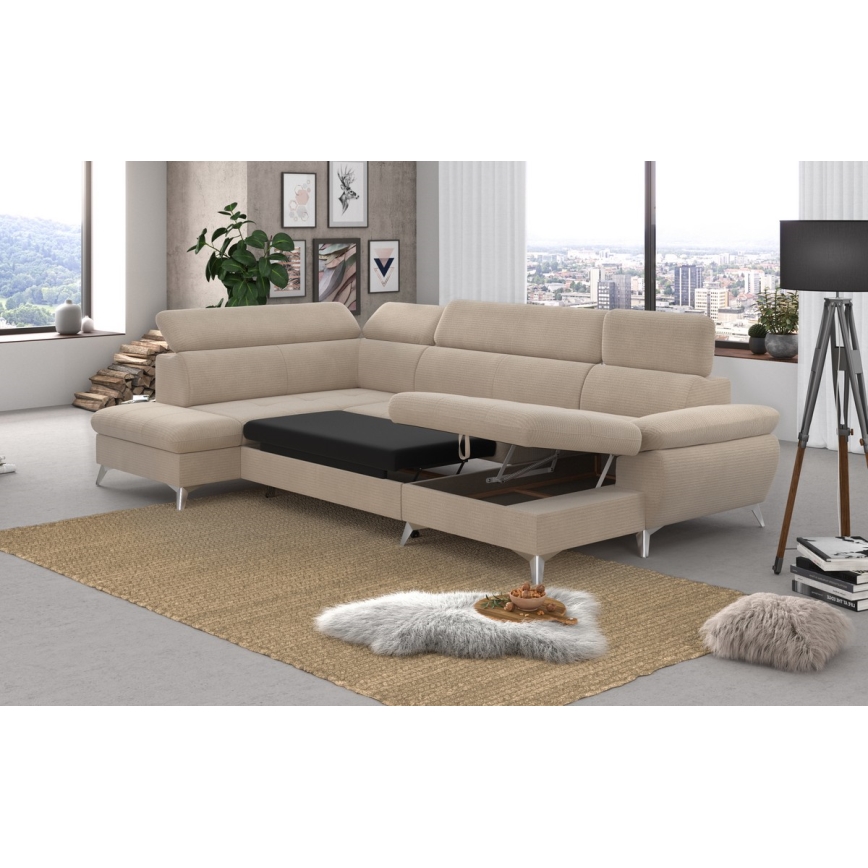 Conjunto de salón esquinero plegable en forma de U con espacio de almacenamiento CATANIA izquierda beige