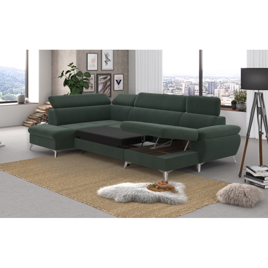 Conjunto de salón esquinero plegable en forma de U con espacio de almacenamiento CATANIA izquierda verde