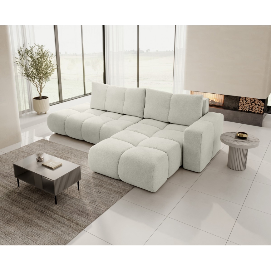 Conjunto de salón esquinero tapizado en forma de L plegable con espacio de almacenamiento ALMADA derecho beige