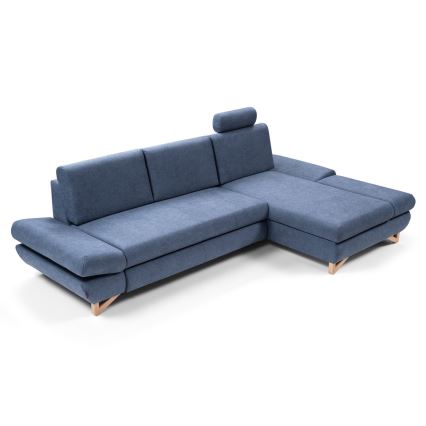 Conjunto de salón esquinero tapizado en forma de L plegable con espacio de almacenamiento AVESTA derecho azul