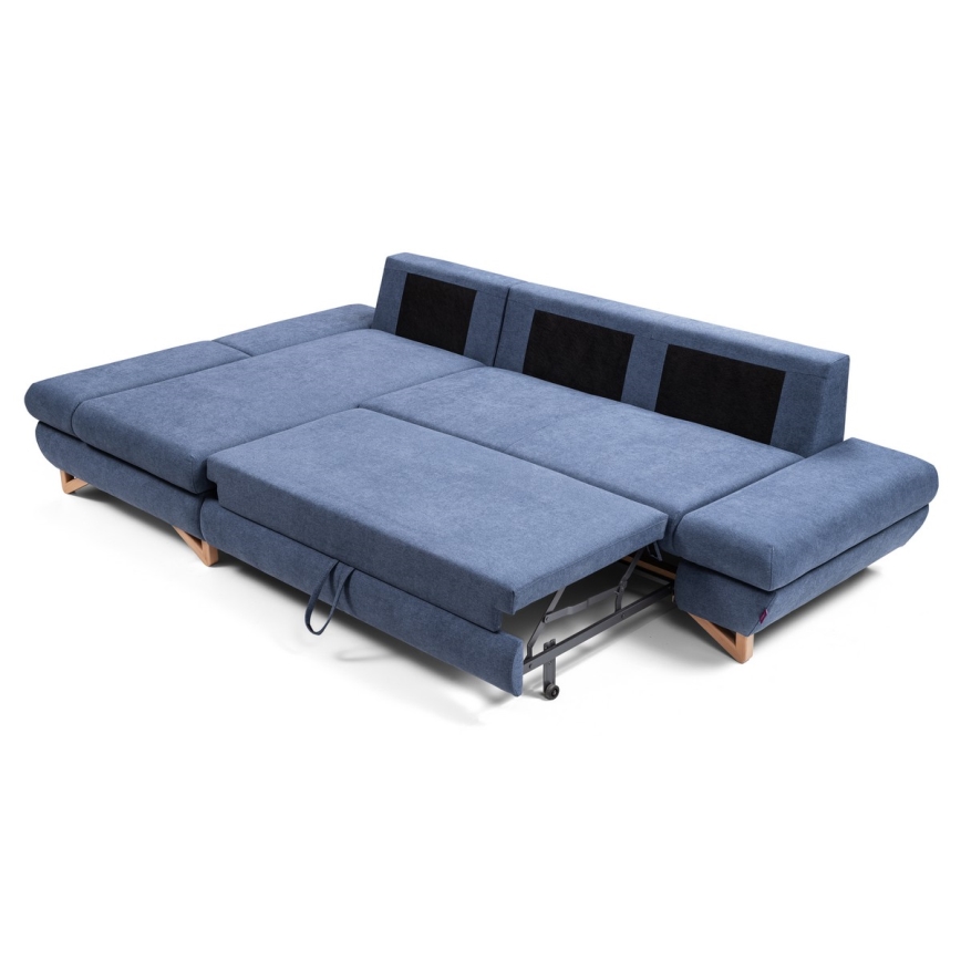 Conjunto de salón esquinero tapizado en forma de L plegable con espacio de almacenamiento AVESTA izquierda azul