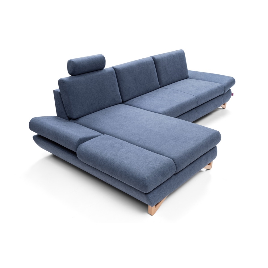 Conjunto de salón esquinero tapizado en forma de L plegable con espacio de almacenamiento AVESTA izquierda azul