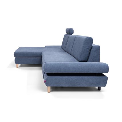 Conjunto de salón esquinero tapizado en forma de L plegable con espacio de almacenamiento AVESTA izquierda azul