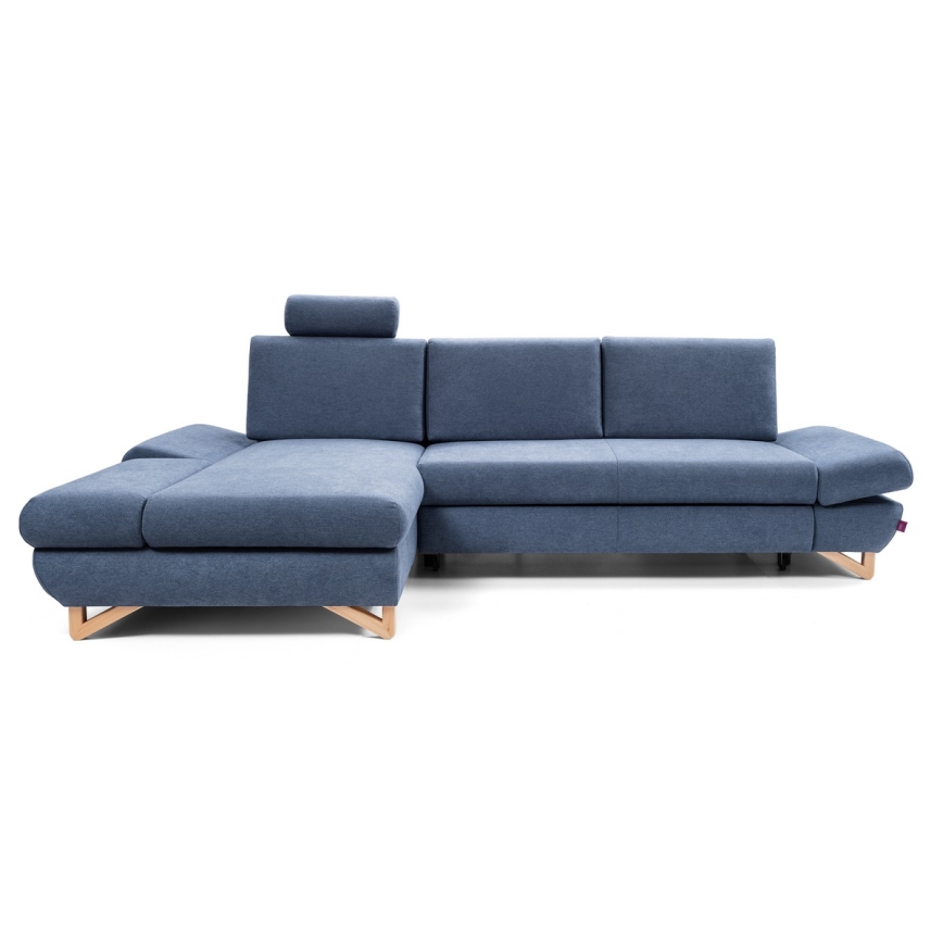 Conjunto de salón esquinero tapizado en forma de L plegable con espacio de almacenamiento AVESTA izquierda azul