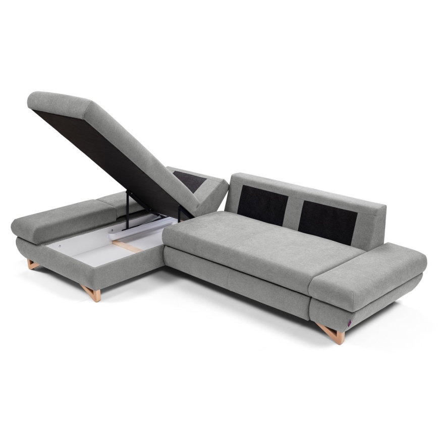 Conjunto de salón esquinero tapizado en forma de L plegable con espacio de almacenamiento AVESTA izquierda gris