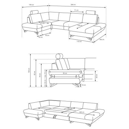 Conjunto de salón esquinero tapizado en forma de U plegable con espacio de almacenamiento AVESTA izquierda gris