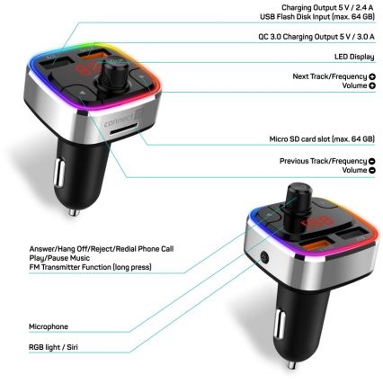 CONNECT IT CCC-9090-SL - LED RGB Transmisor FM para coche con función manos libres negro/plata