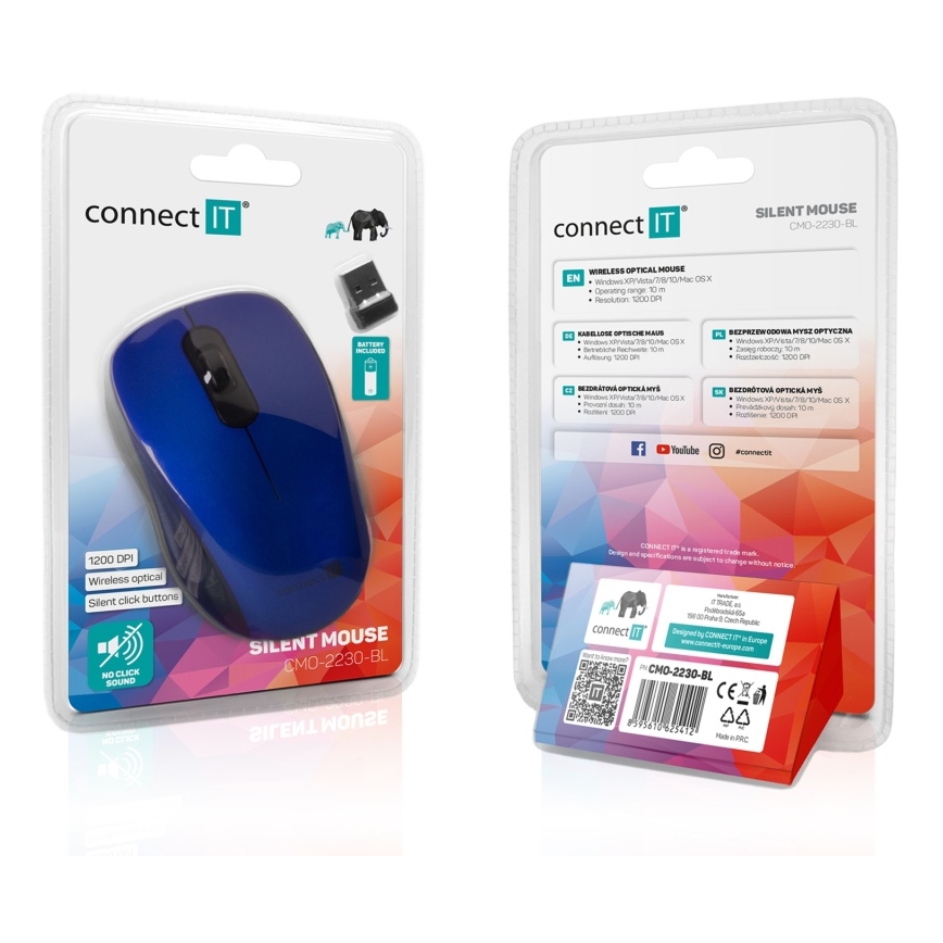 CONNECT IT CMO-2230-BL - Ratón inalámbrico silencioso MUTE 1200 DPI 1xAA negro/azul