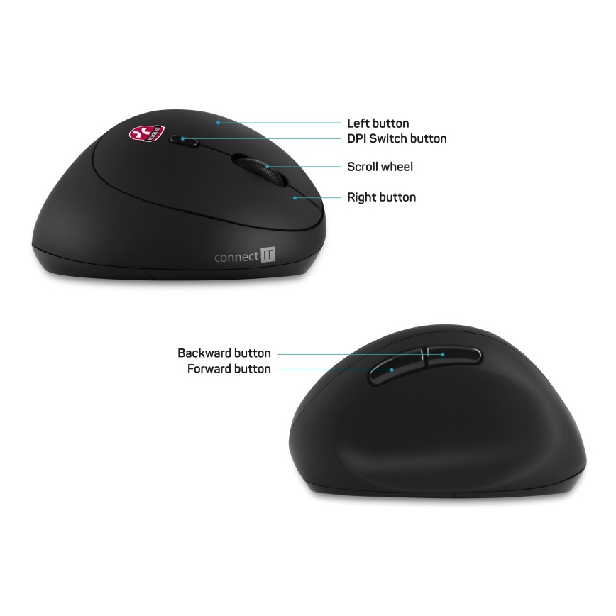 CONNECT IT CMO-2600-BK - Ratón inalámbrico ergonómico 800/1200/1600 DPI, 1x pila AA, negro