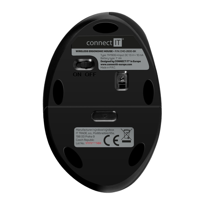 CONNECT IT CMO-2600-BK - Ratón inalámbrico ergonómico 800/1200/1600 DPI, 1x pila AA, negro