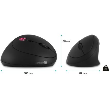 CONNECT IT CMO-2600-BK - Ratón inalámbrico ergonómico 800/1200/1600 DPI, 1x pila AA, negro