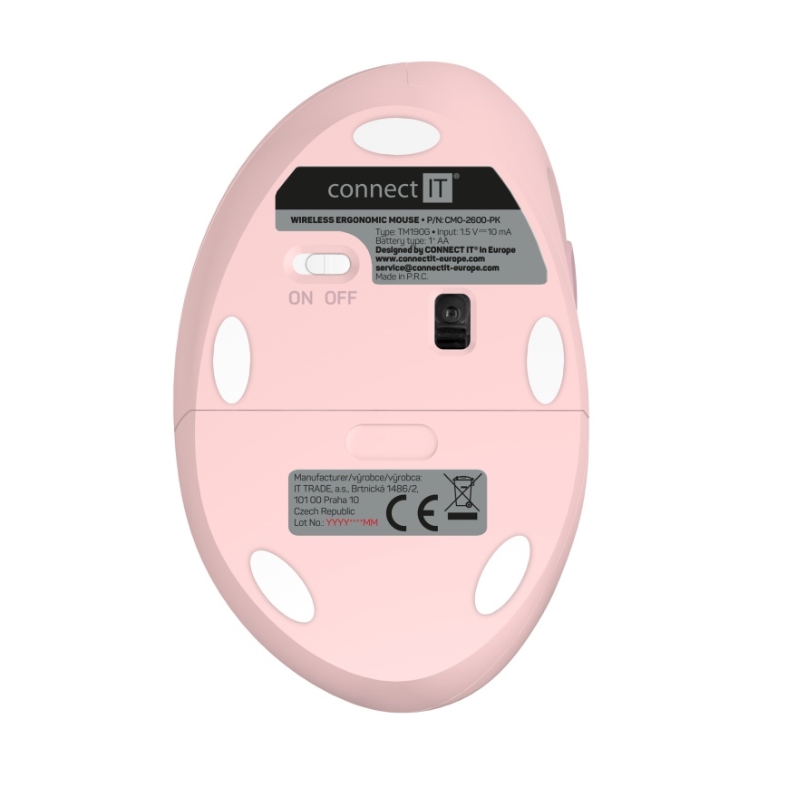 CONNECT IT CMO-2600-PK - Ratón inalámbrico ergonómico 800/1200/1600 DPI, 1 pila AA, color rosa