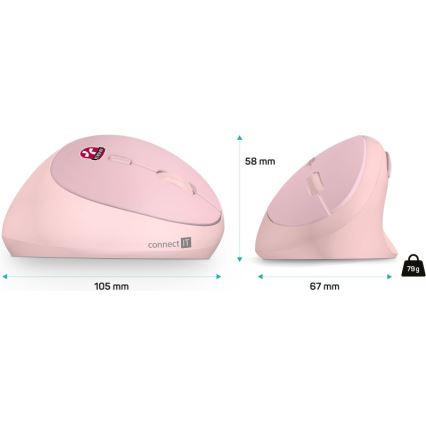 CONNECT IT CMO-2600-PK - Ratón inalámbrico ergonómico 800/1200/1600 DPI, 1 pila AA, color rosa