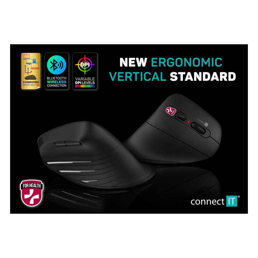 CONNECT IT CMO-2880-BK - Ratón inalámbrico ergonómico Verti TriMode 1000/1600/2400 DPI 2xAAA negro