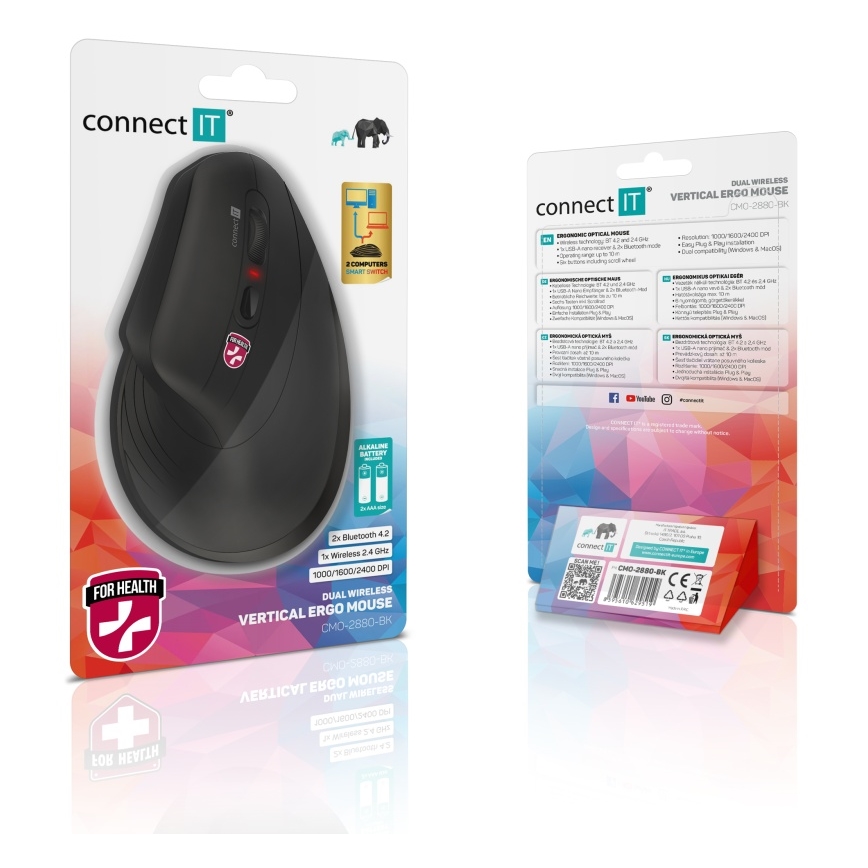 CONNECT IT CMO-2880-BK - Ratón inalámbrico ergonómico Verti TriMode 1000/1600/2400 DPI 2xAAA negro