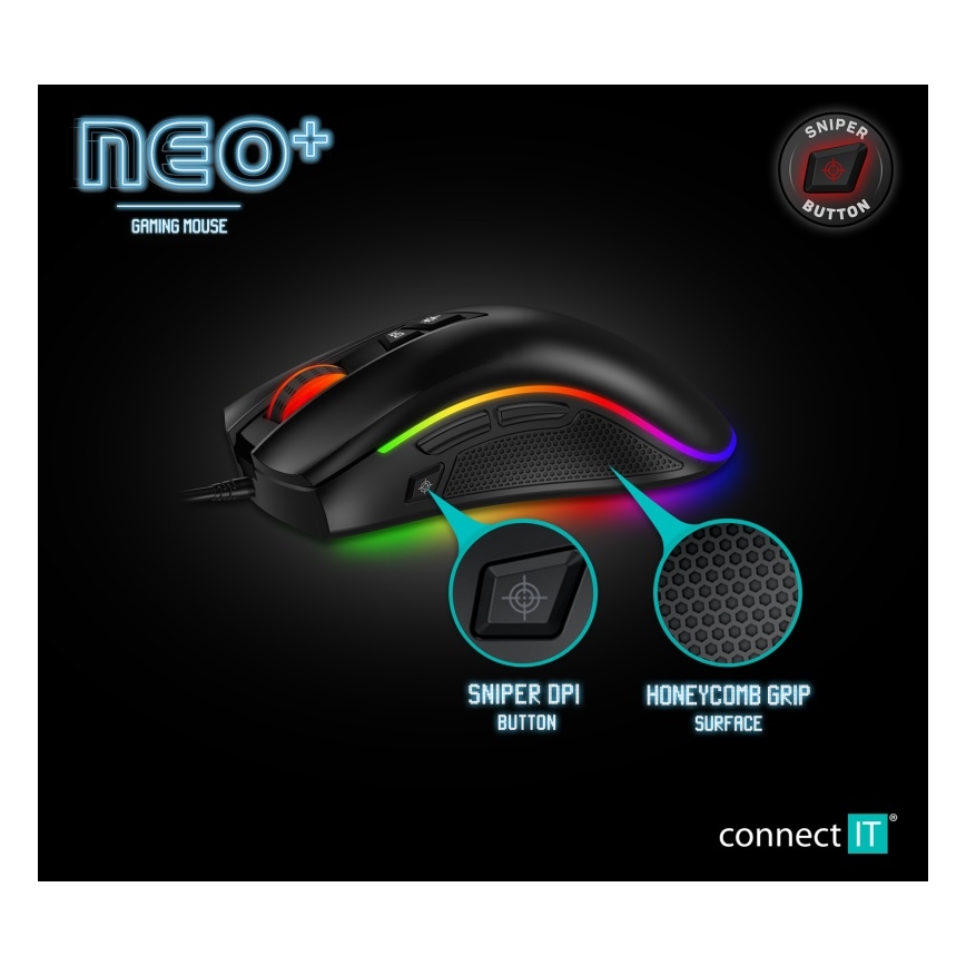 CONNECT IT CMO-3591-BK - LED RGB Ratón gaming con cable 500-7200 DPI negro