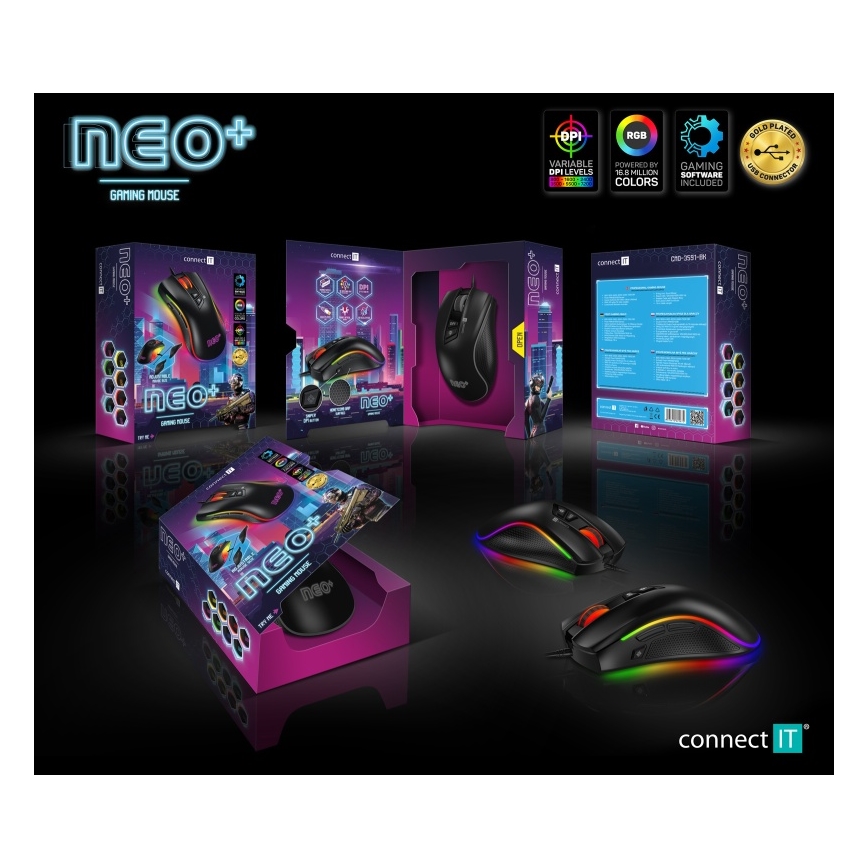 CONNECT IT CMO-3591-BK - LED RGB Ratón gaming con cable 500-7200 DPI negro