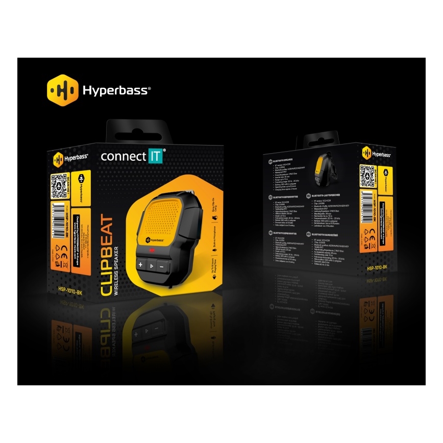 CONNECT IT HSP-1010-BK - Altavoz inalámbrico ClipBEAT con micrófono, 2 W/5 V, 560 mAh, IPX7, negro/amarillo