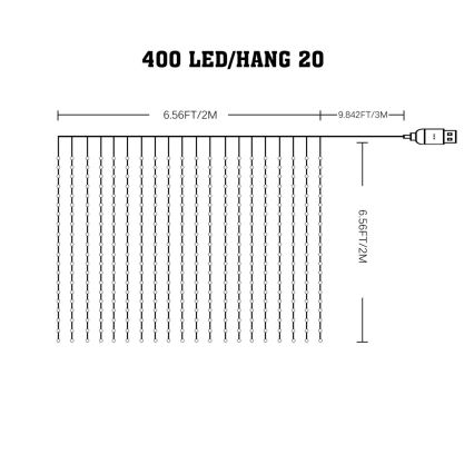 Cortina de Navidad LED RGB regulable WIZARD 400xLED/USB 2x2m + control remoto
