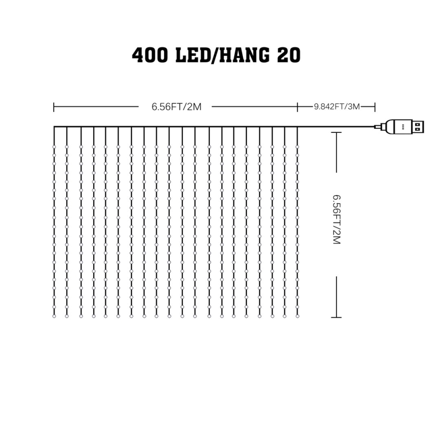 Cortina de Navidad LED RGB regulable WIZARD 400xLED/USB 2x2m + control remoto